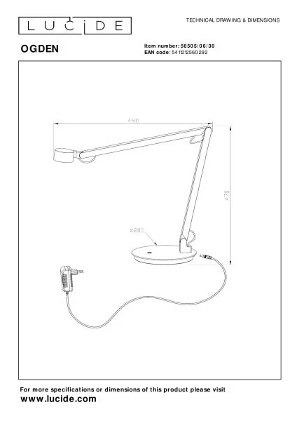 Lucide Premium OGDEN - Lampe de bureau - LED 3 StepDim - 1x7W 3000K - Noir - technique